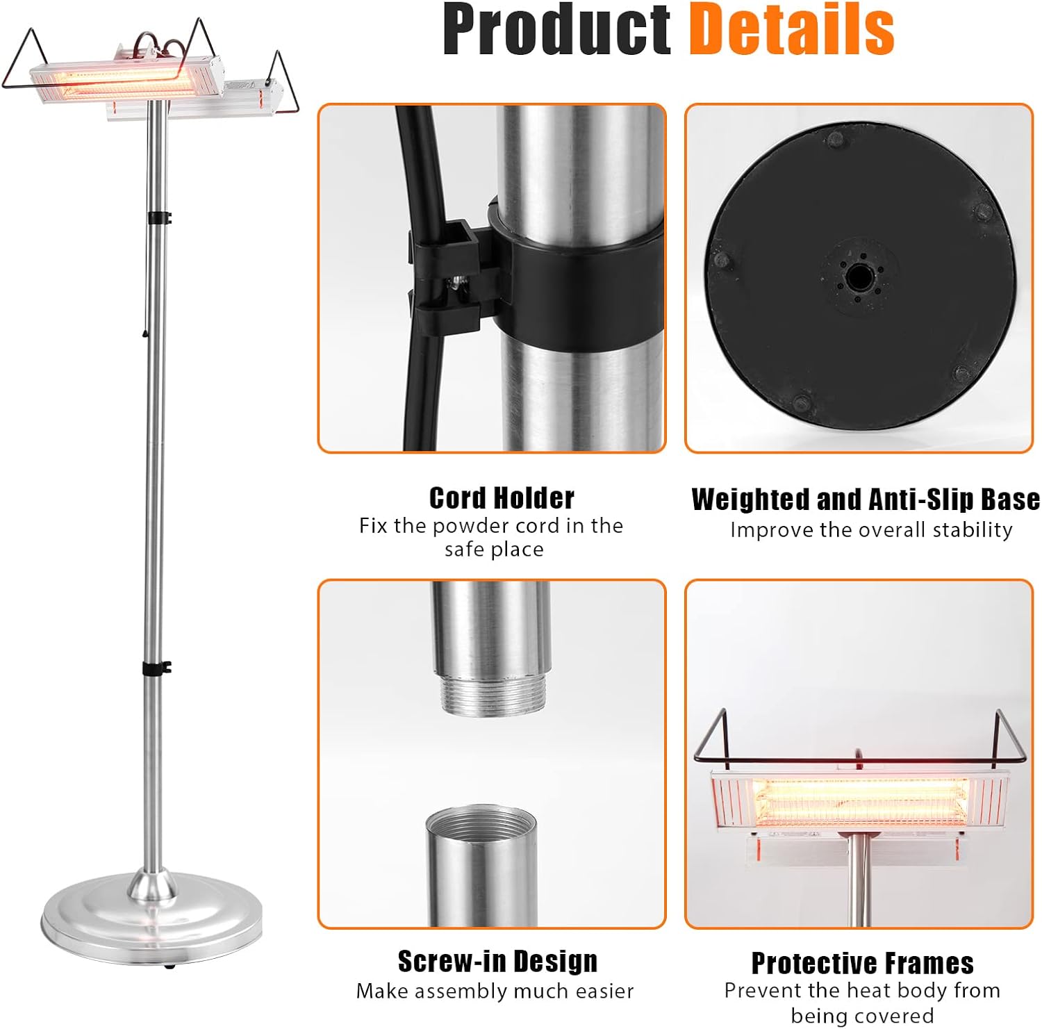 HAPPYGRILL Patio Freestanding Double-Sided Infrared Heater with 2 Heat Settings, Overheat Protection, Pull Chain Switch Control, Aluminum Electric Heater for Indoor Outdoor