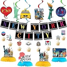 36PCS New York City Party Decorations with 2PCS Pres-Strung American Nyc Banner 12PCS Cityscape Broadway Hanging Swirl Decorations 4PCS Honeycomb Centerpieces 24PCS New York Cupcake Toppers