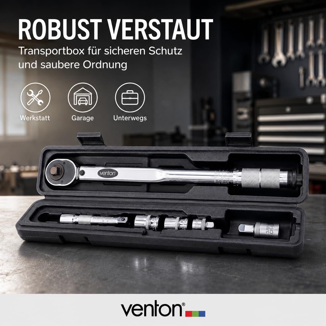 VENTON Klucz dynamometryczny 10-210 Nm zestaw 1/2" wraz z adapterem 3/8" | precyzyjne narzędzie samochodowe do wymiany kół z grzechotką