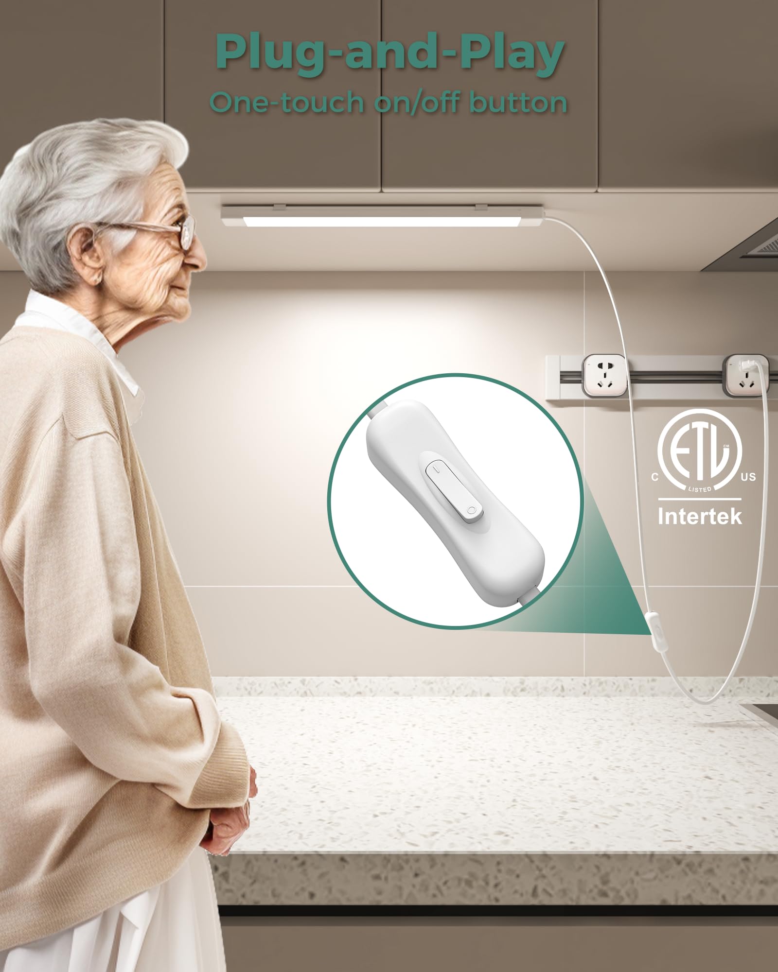 ASOKO 16 Inch Under Cabinet Lights,Plug and Play Under Counter Lighting,6000K Cool White with 700LM Bright,ETL Light Bar with ON/Off Switch for Kitchen,Under Desk,Workbench