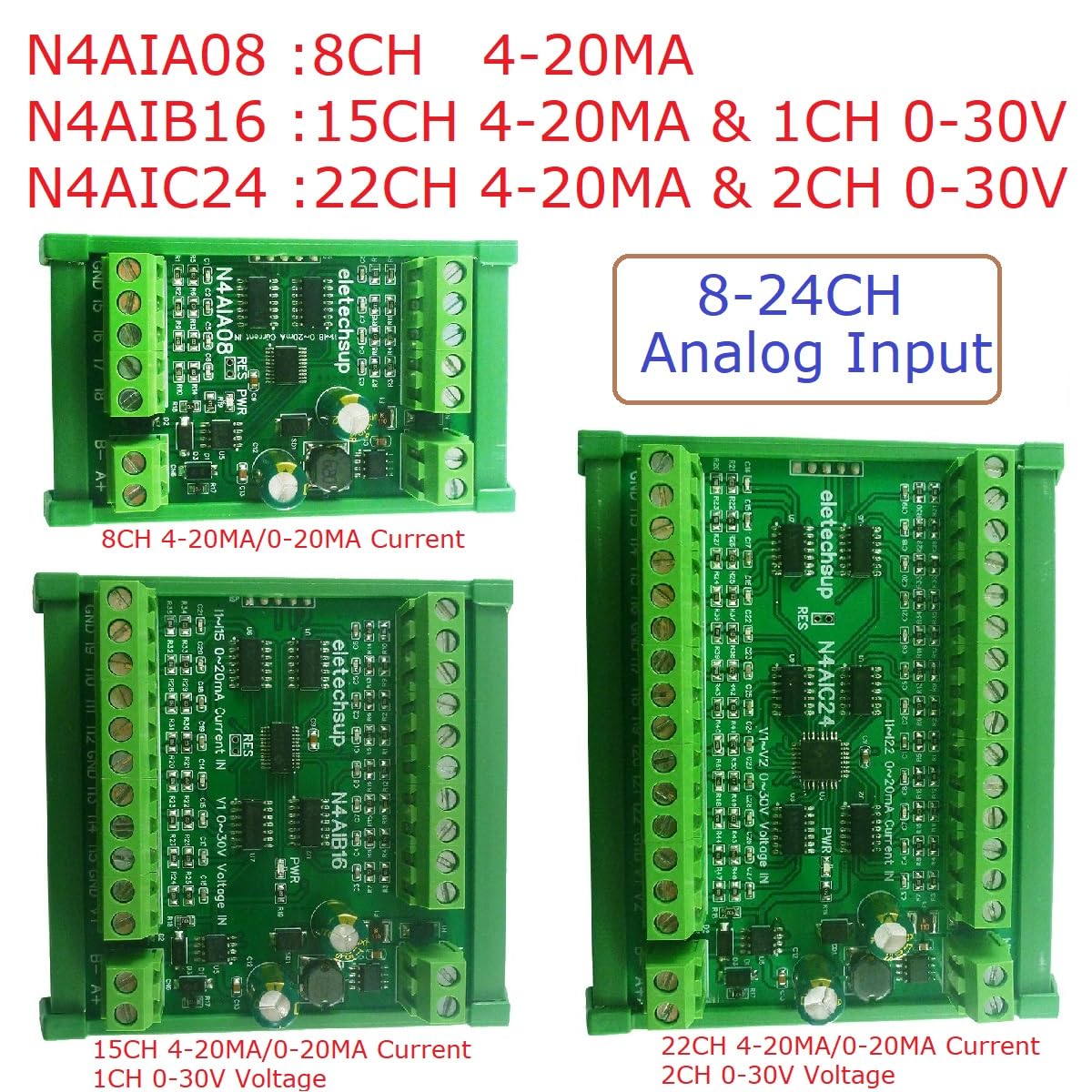22CH 4-20MA Current & 2CH 0-30V Voltage Input RS485 AI Module 24CH 12-bit ADC Collector Board MODBUS RTU PLC IO (4 x 24CH Only Board)