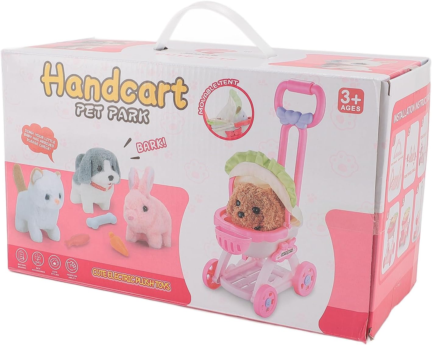 Pet Doll Push Cart Toy, Plastic Cute Baby Doll Stroller, Interactive Stuffed Dog Plush Can Walk Bark, Educational Baby Walker, Imaginative Playtime, Hand and Eye Coordination, (Teddy)