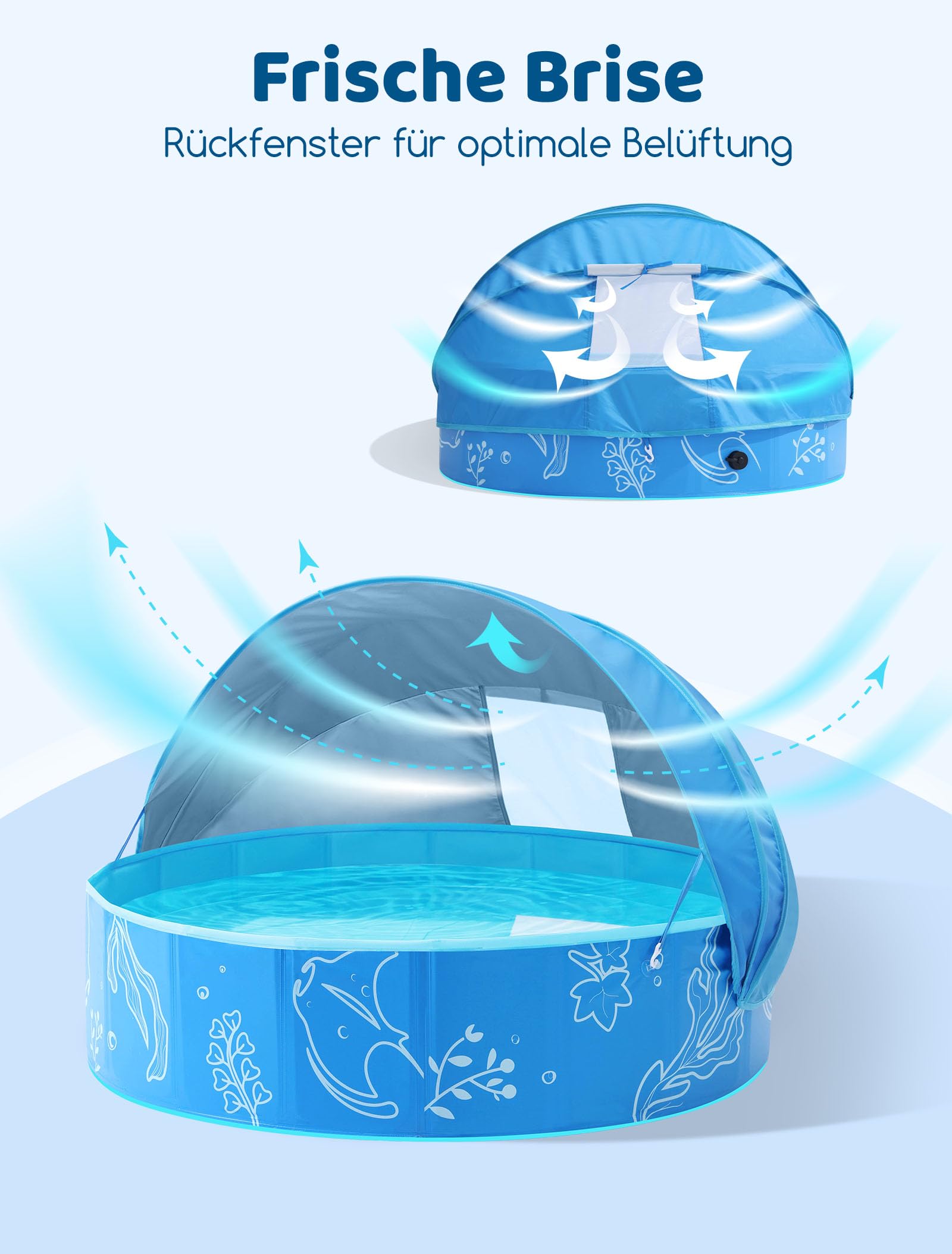 Hikiddy Planschbecken mit Schatten 120 cm Pop-Up Splash Pool für Sommer Strand Garten Blau