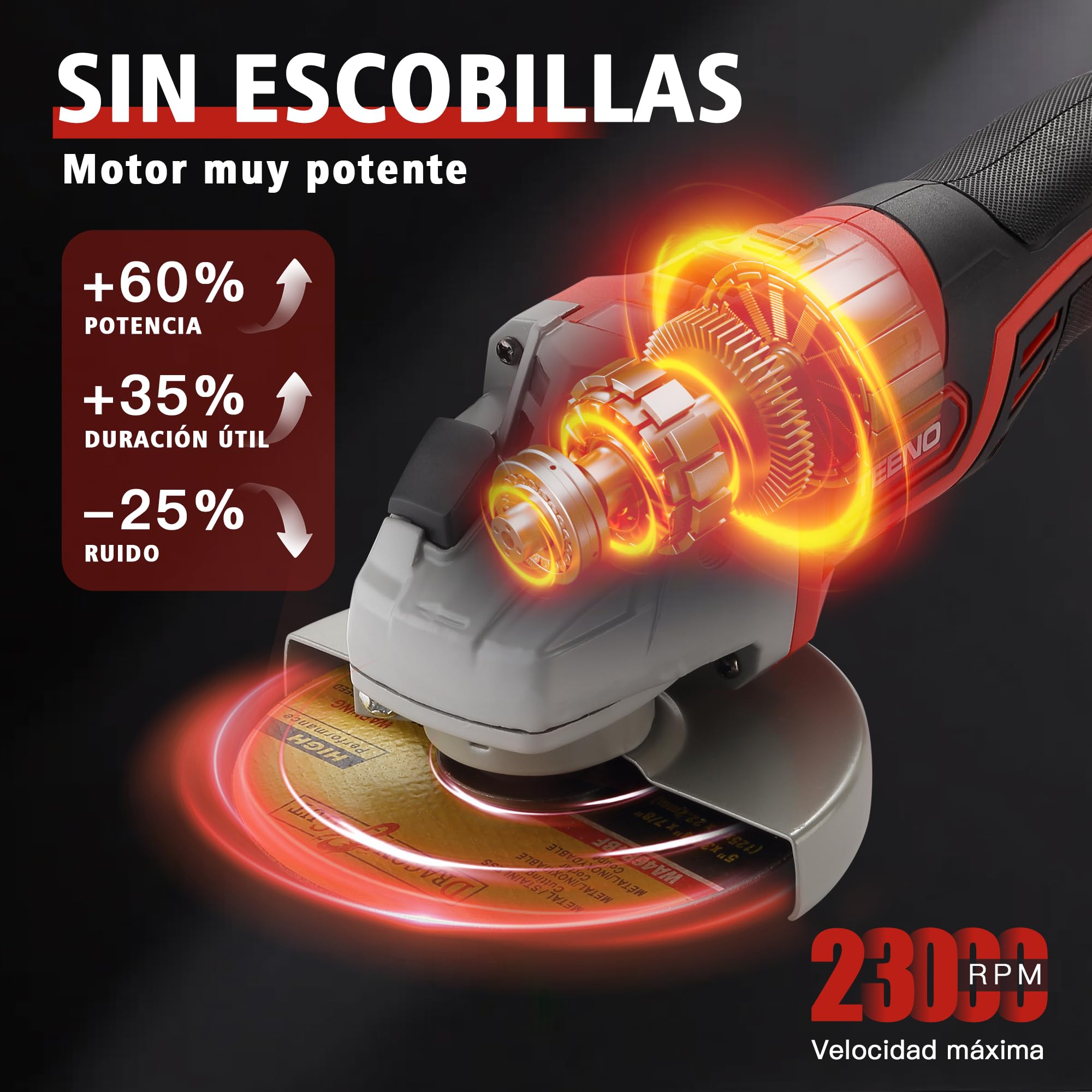 TEENO Amoladora angular inalámbrica, Amoladora batería Ø 125 mm | Radial batería Motor sin escobillas 21V 1000W,2 baterías 4,0 Ah,Velocidad 9100 rpm ,Maletín + Disco de corte