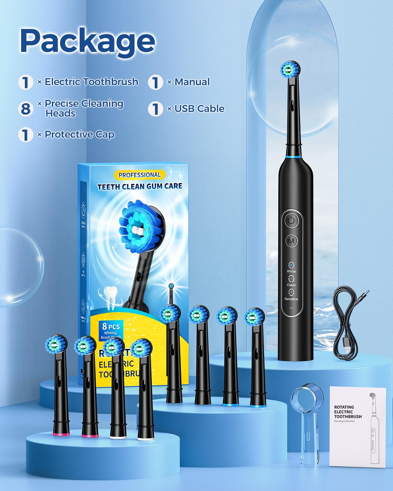 TEETHEORY Rotating Electric Toothbrush for Adults with 8 Brush Heads, Sensitive Gum Care Electric Toothbrush with 3 Modes and 2 Min Smart Timer, Rechargeable Last 60 Days