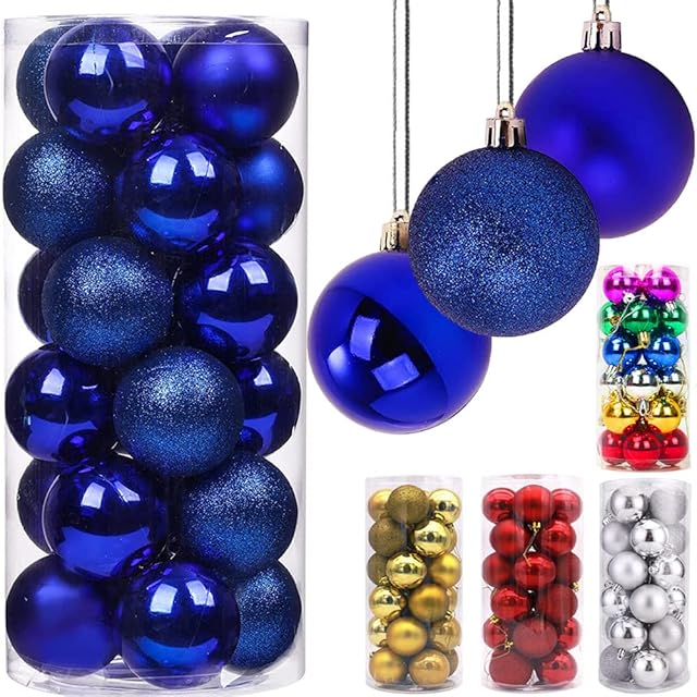 Christmas Baubles 24pcs Shatterproof Plastic Christmas Balls Blue Christmas Tree Decorations Ornaments Xmas Tree Balls for Xmas Tree Hanging Decoration Festival Holiday Wedding Party Decor (4cm)