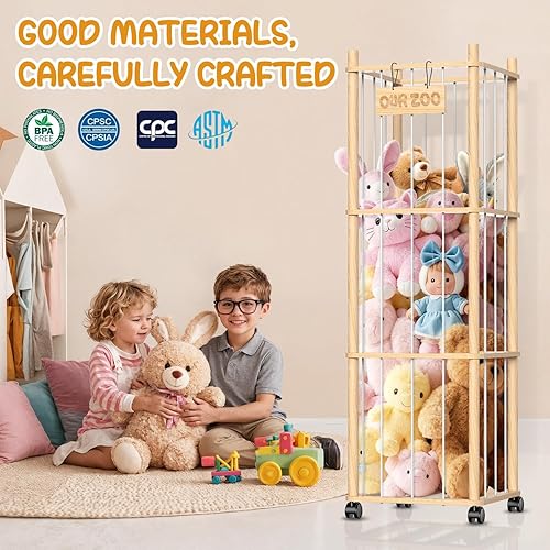 Miniatura 4 de Almacenamiento y soporte para animales de peluche, almacenamiento de peluches de madera de pino natural con ruedas, zoológico de animales de peluche