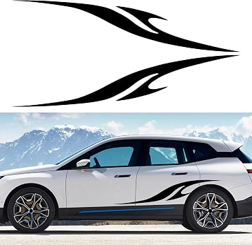 TOMALL 2Pcs 63'' Flame Graphics Stickers Car Body Side Skirt Decals Racing Sports Stripe Decals for Car Universal Vinyl Waterproof Decal Decoration for Truck SUV Off-Road Vehicles Accessories Black