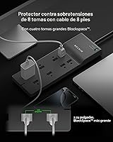 Vista 2 de Belkin - Protector de sobretensiones de 8 salidas con 8 tomas de corriente alterna y enchufe plano de 8 pies, cable de extensión resistente de alta
