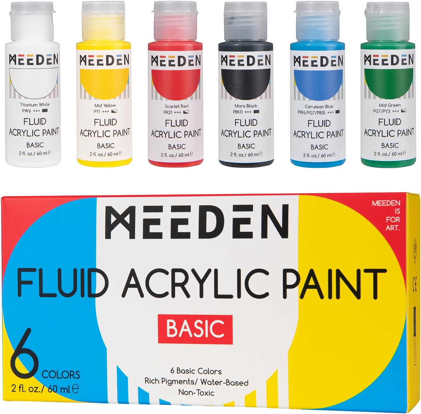MEEDEN Fluid Acrylic Paint Set, 6 Vibrant Colors/Bottles (2 oz, 60 ml