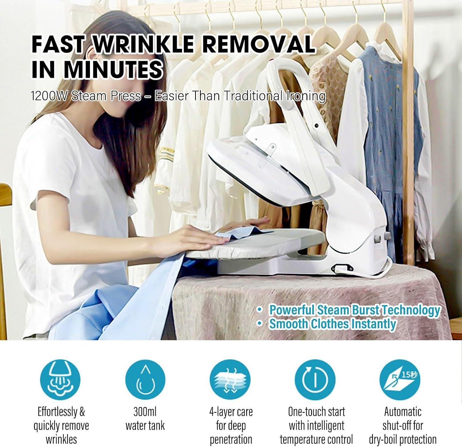 1200w Steam Garment Finisher, Wide Above Area with Burst Function and LED Screen, Smart Fabric Care for Cotton Linen Silk Wool and Nylon, Professional Clothing Maintenance Equipment
