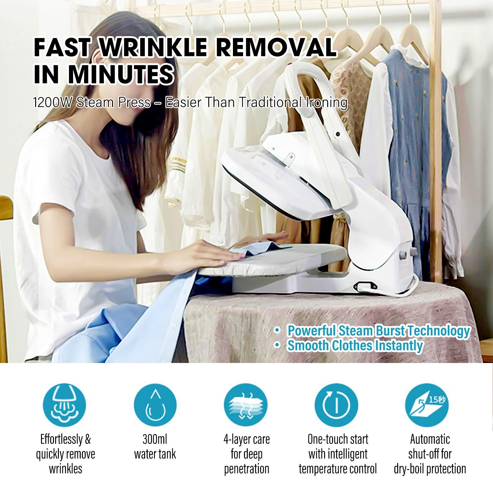 Acabado profesional de ropa, control inteligente de temperatura, tanque de agua de 300 ml, solución eficiente de mantenimiento de ropa para boutiques y hoteles