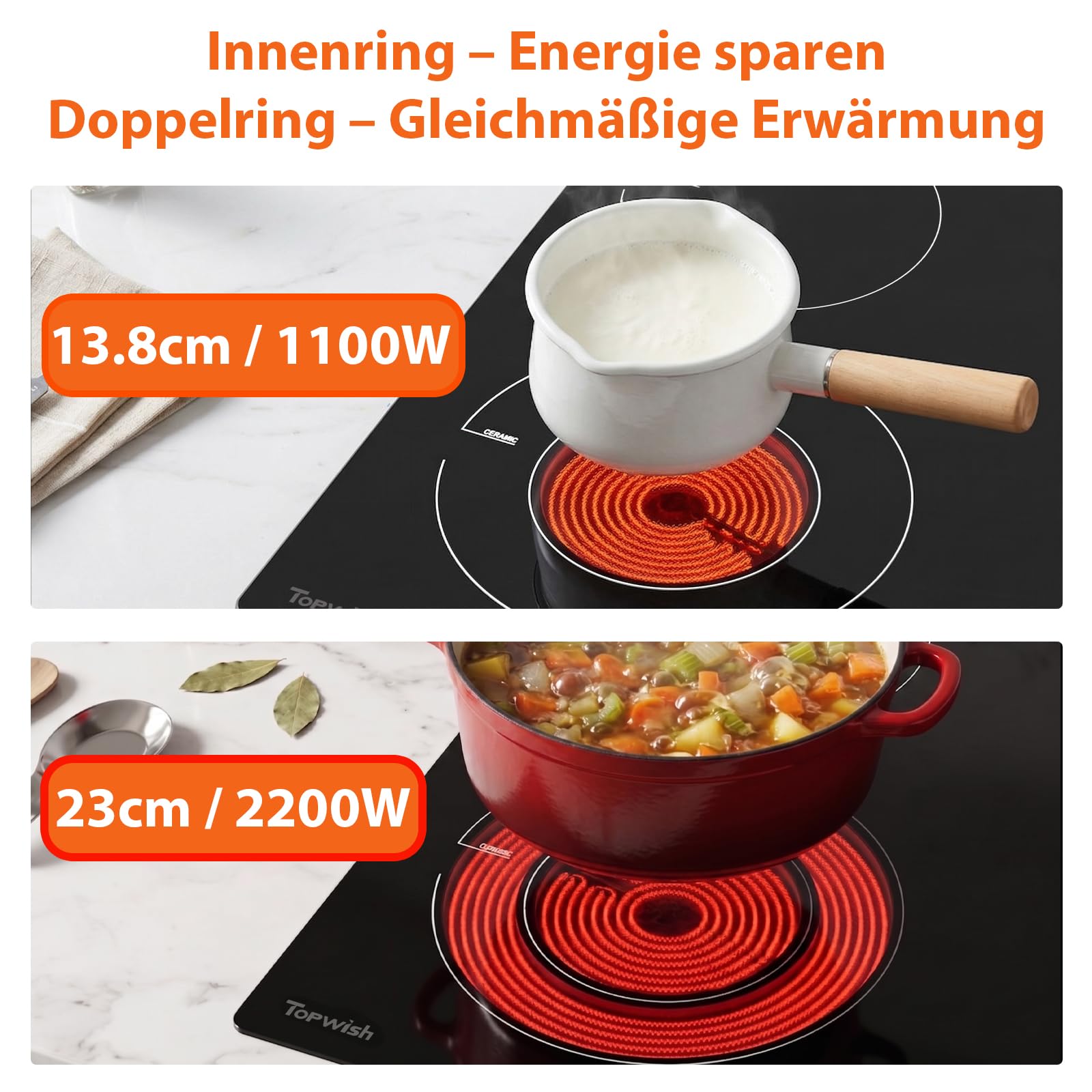 Topwish Glaskeramikkochfeld 4 Platten 60cm 6600W Elektroherd mit Kindersicherung Restwärmeanzeige Timer