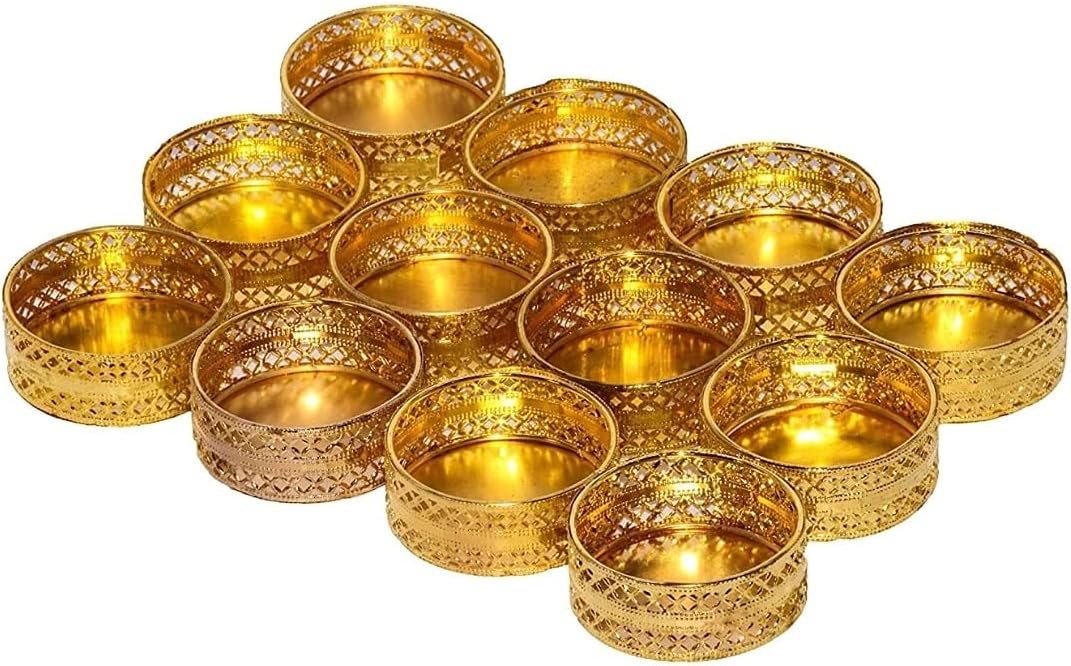 Elegance Golden Tea Light Holder for Bedroom Dining Area Navaratri, Dussehra, Diwali Festival Decorations, Deepak for Home Decor - Pack of 12