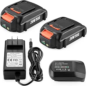 Energup 2Pack Lithium Battery for Worx 20V Battery and Charger Kit, Compatible with Worx 20V Batteries WA3520 WA3525 WA3575 WG151s WG251s WG540s WG545s WG890 WG891 with 20 Volt Battery Charger