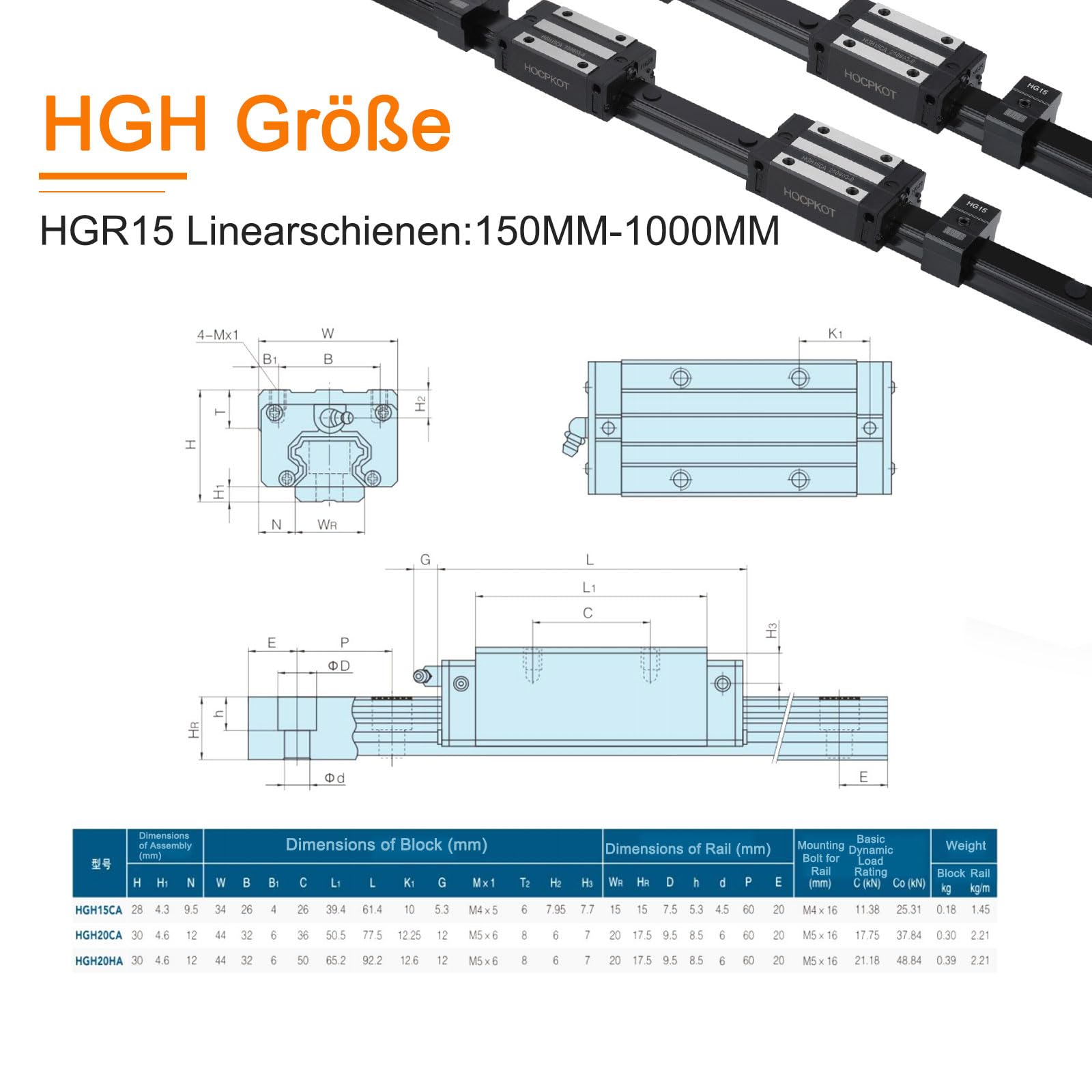 HGR15 350mm Linearführung Set 2 Stücke Schienen 4 Stücke HGH15CA Gleitblock