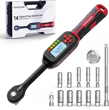 14-Piece 3/8" Digital Torque Wrench Spark Plug Socket Set | 4.2-85 N.m 3-62.6 Ft.lb with Magnetic Swivel Sockets, LED & Buzzer Alerts, CR-V Steel for Automotive Engine Maintenance