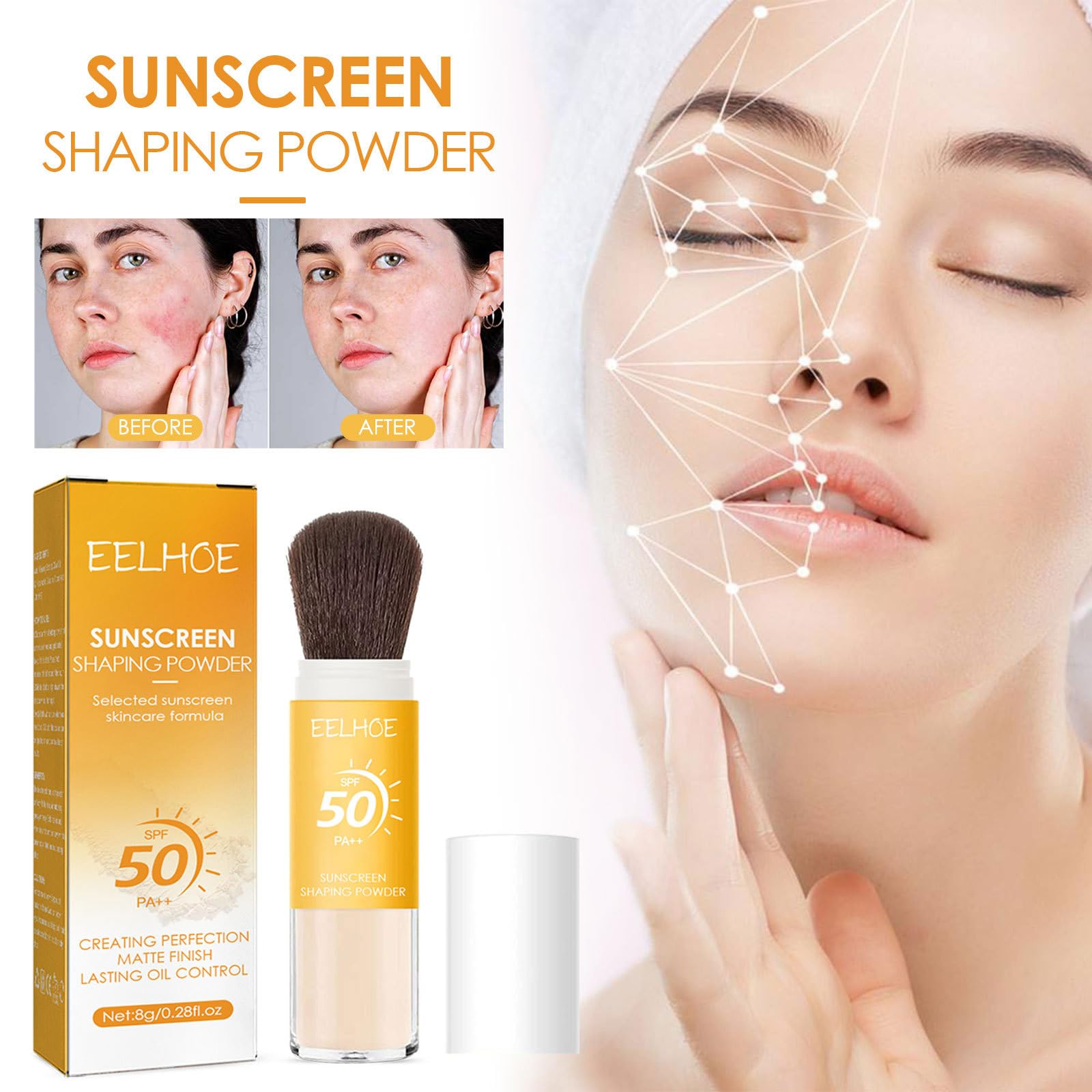 Polvo fijador de protección solar, 2 unidades de polvo facial suelto con acabado mate mineral, SPF 50, natural, translúcido, control de aceite, minimiza las líneas finas y los poros 3