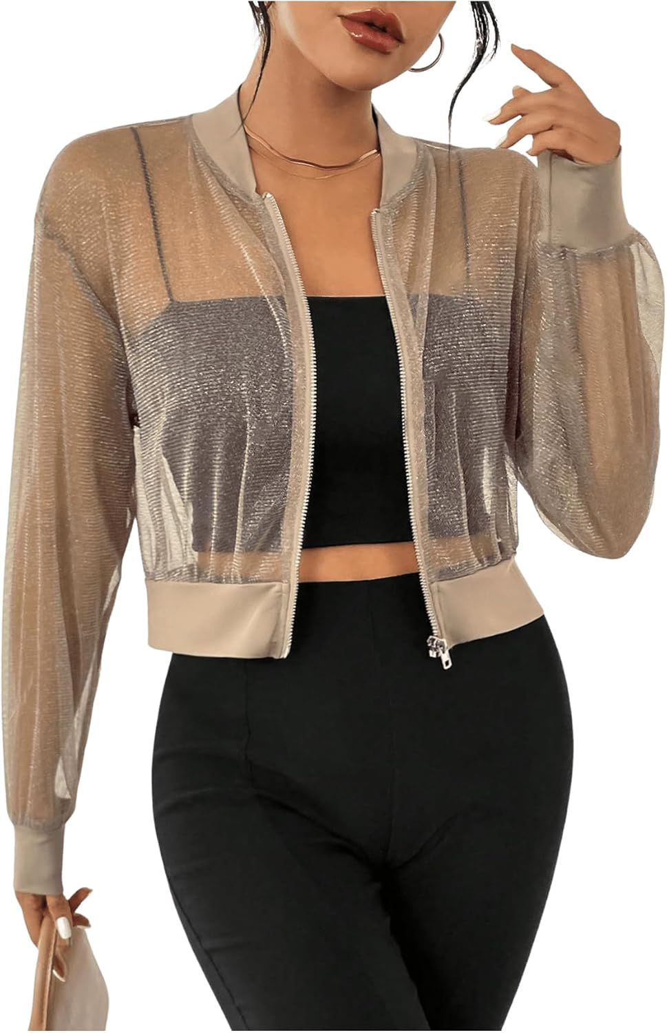 Milumia Women's Sparkly Sheer Mesh Long Sleeve Crop Jacket Light Weigh Zip Up Outwear - Image 3