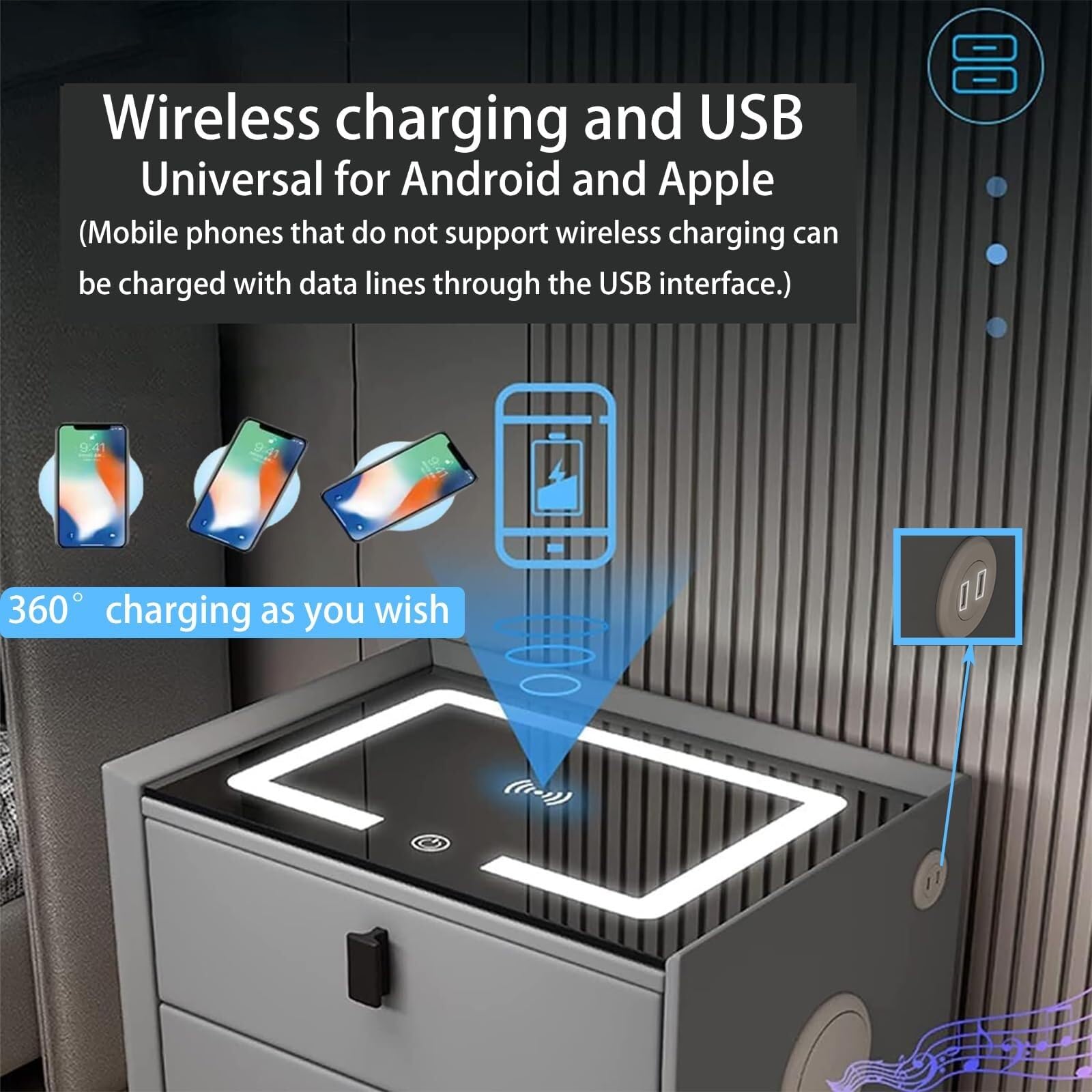 Głośnik Bluetooth, stolik nocny z 2 portami ładowania i światłami LED, wielofunkcyjna szafka do sypialni i salonu (szary nowoczesny design)