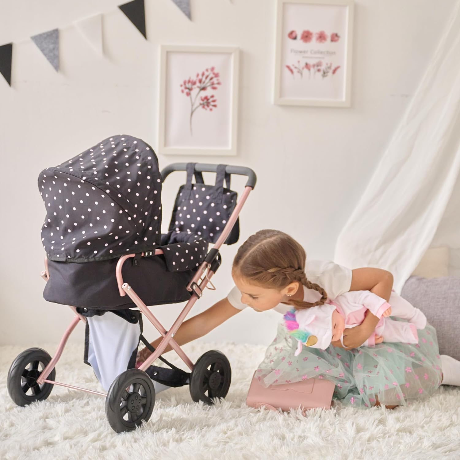 Olivia's Little World Pin Up Foldable Baby Doll Stroller- Classic Style Doll Pram with Retractable Canopy and Storage Basket, Fits 15''-18'' Dolls, Pretend Play Toy for Girls Ages 3-6