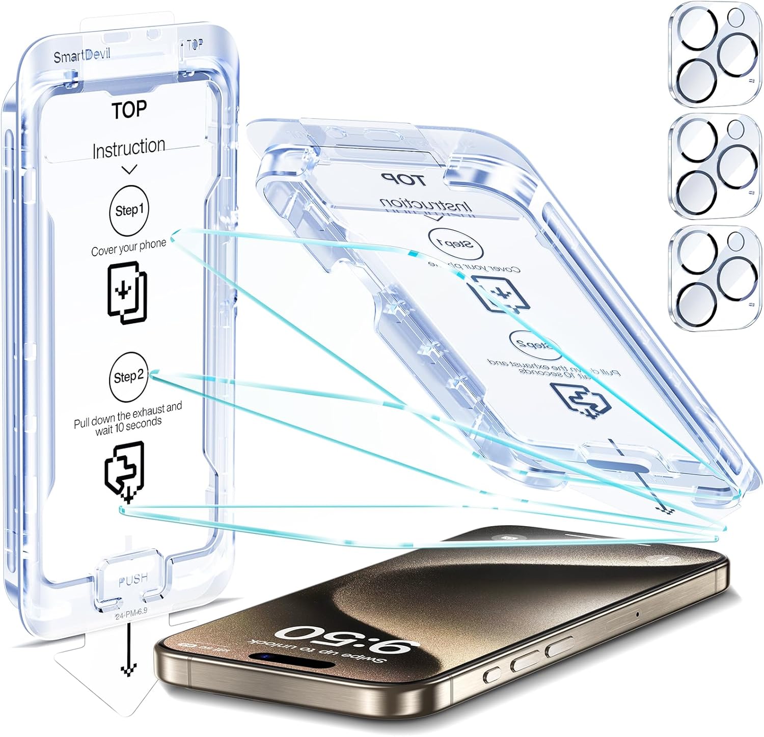 SMARTDEVIL 3-Pack Screen Protector for iPhone 15 Pro Max with 3-Pack Camera Lens Protector, Clear 9H Tempered Glass Film, Super Fast Installation (Dust-Free & Bubble-Free), Alignment Tool