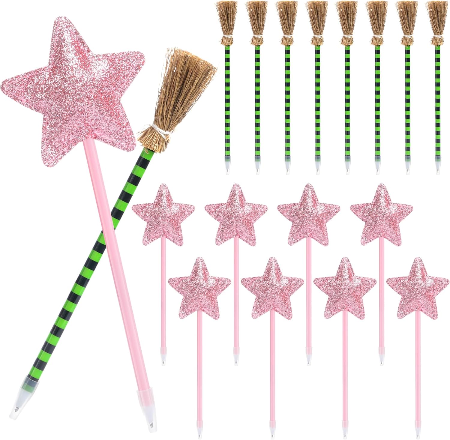 24 Pcs Wizard Pens Party Favors, Pink Princess Star and Green Witch Broom Ballpoint Pens, Wizard Themed Gifts Party Supplies for Princess Girls Women Castle Halloween Birthday Decorations