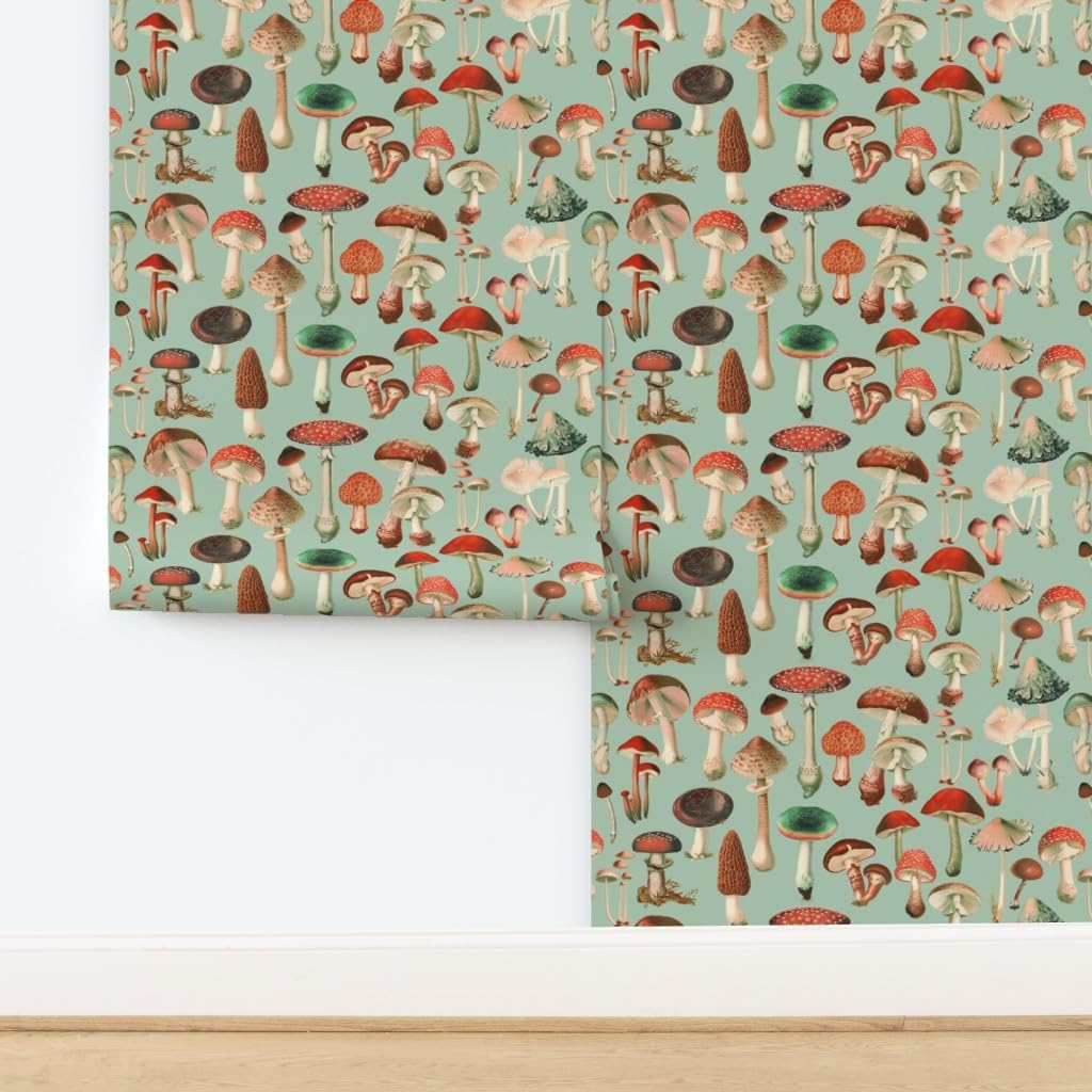 Spoonflower Removable Wallpaper 6ft x 2ft - Red Green Vintage Nature Forest Woodland Antique Mushroom Custom Pre-Pasted Wallpaper