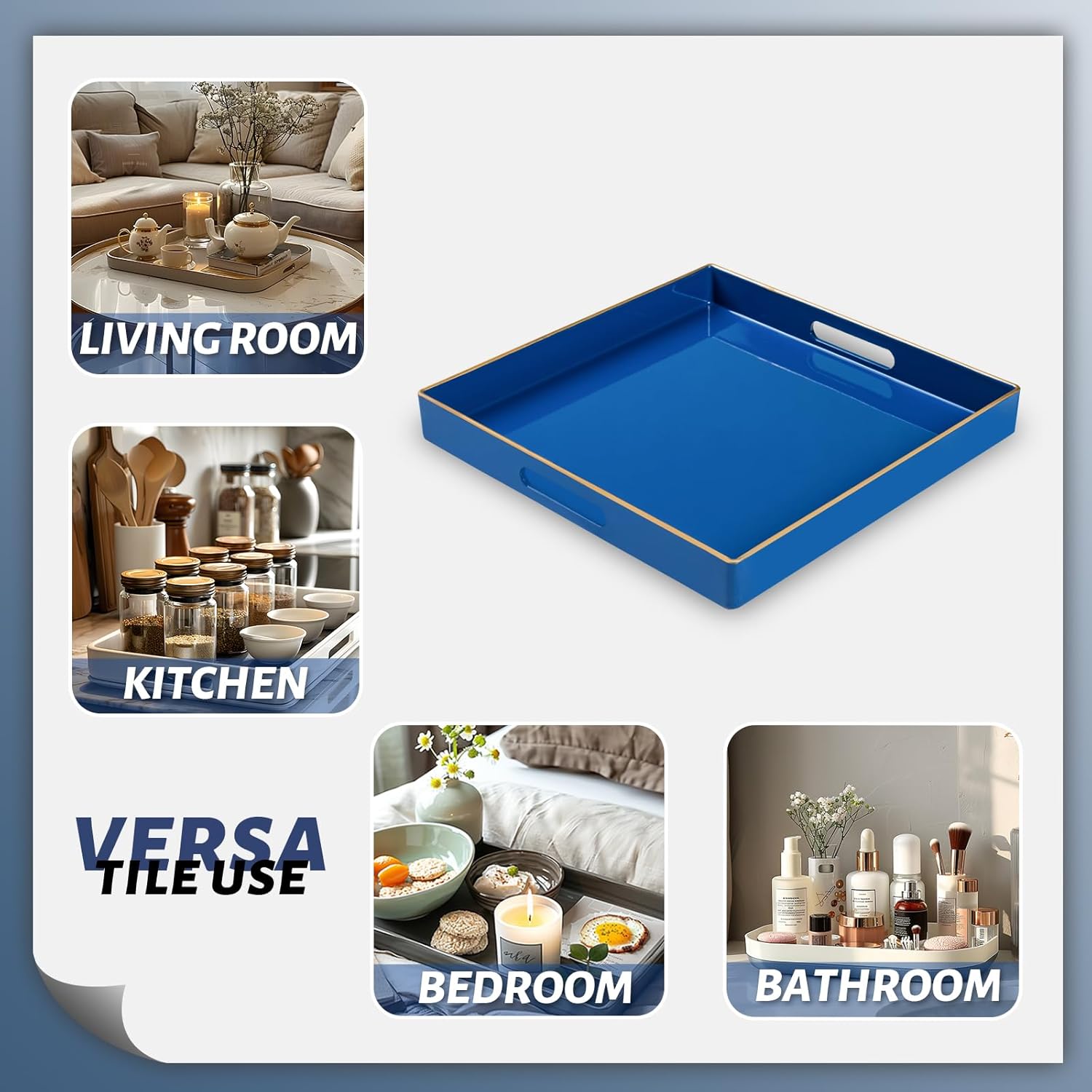 MAONAME Decorative Tray, Royal Blue Serving Tray with Handles, Coffee Table Trays, Square Plastic Trays for Ottoman, Bathroom, Kitchen, 13" x 13" x 1.57"