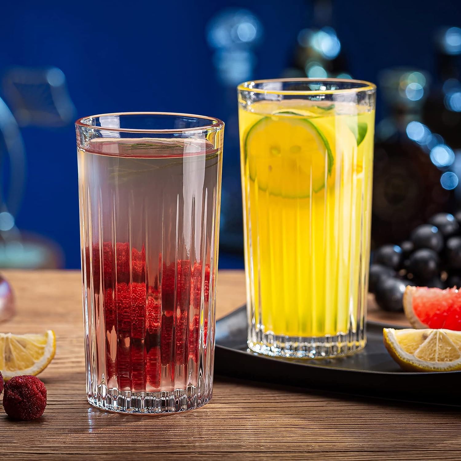 Gerippte Collins-Gläser, 420 ml, vertikal, gestreift, dickes Glas, stapelbar, transparent, für Eiskaffee, Cocktails, Saft, Wasser, 6 Stück
