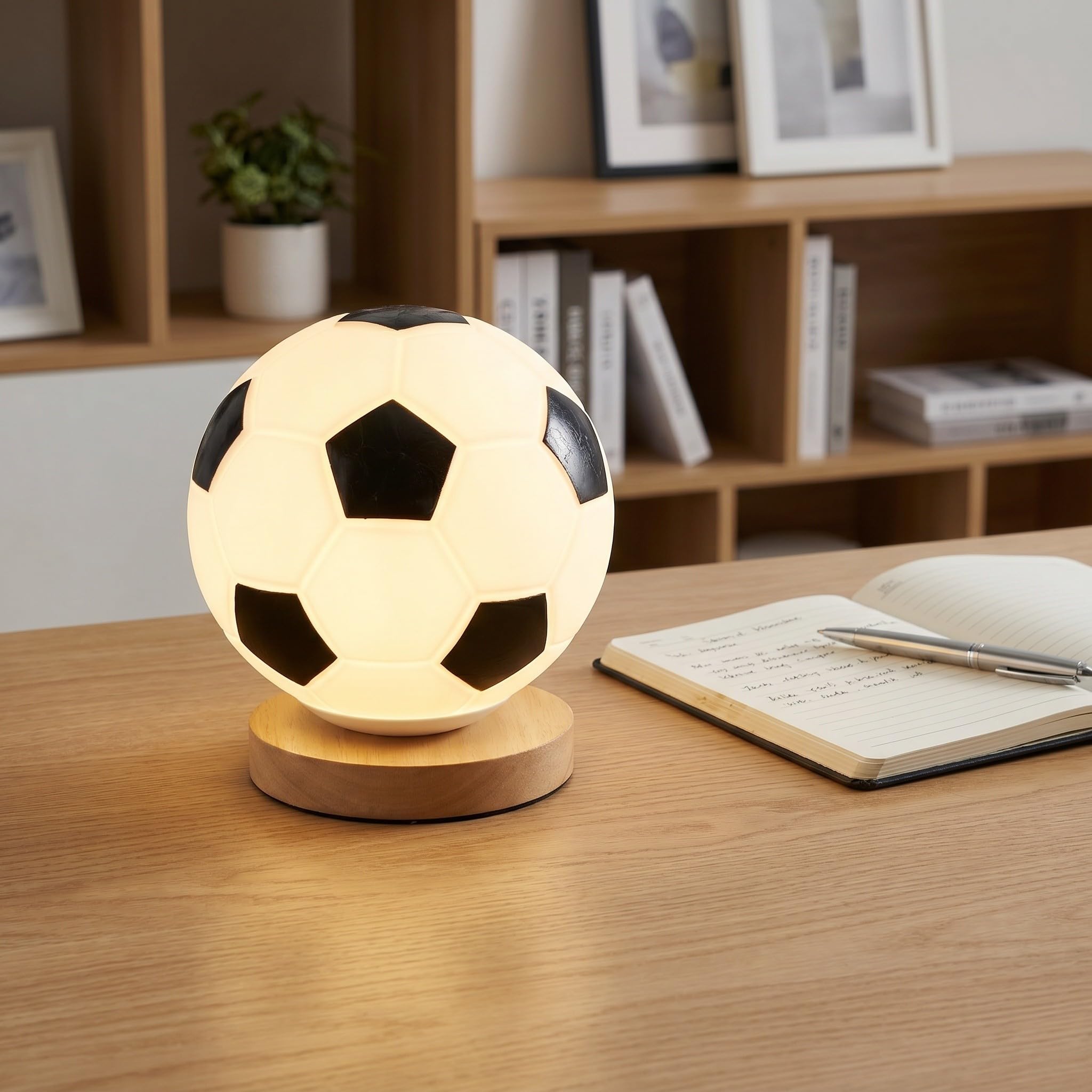 Mobestech Lámpara de Mesa con Diseño de Pelota de Fútbol para Dormitorio y Oficina con Base de Madera Resistente y Luz LED Suave