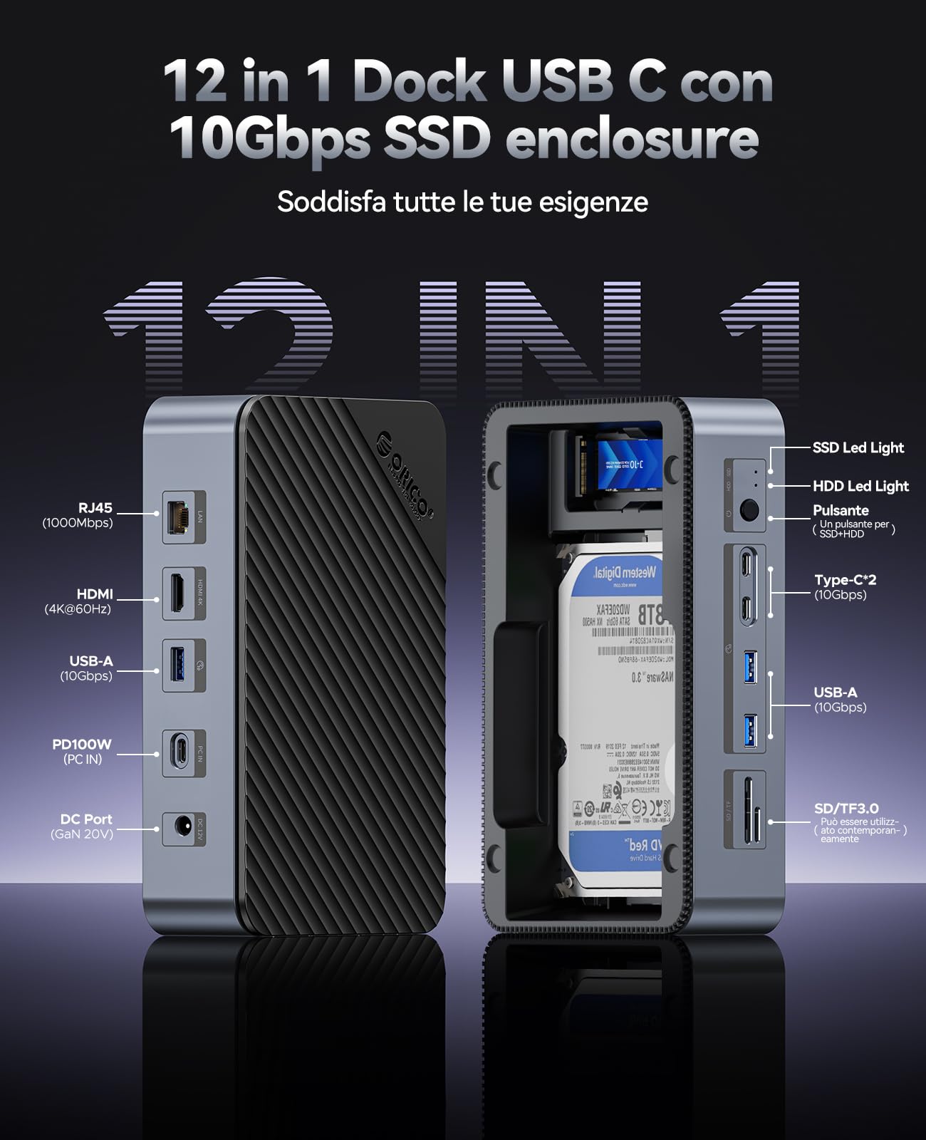 ORICO Docking station USB-C 12 in 1 con doppia enclosure SSD - Supporta dischi SATA M.2 NVMe/SATA e 2.5"/3.5" fino a 26TB, 10Gbps USB, 4K HDMI@60Hz D35M2-V1