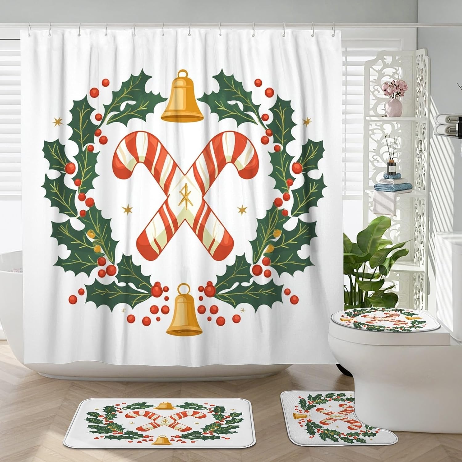 4PCS Merry Christmas Candy Canes Bathroom Sets, Bath with Non-Slip Rug, U Shape Toilet Lid Cover Mat, Fun Holly Wreath Bathroom Decor-72''x72''
