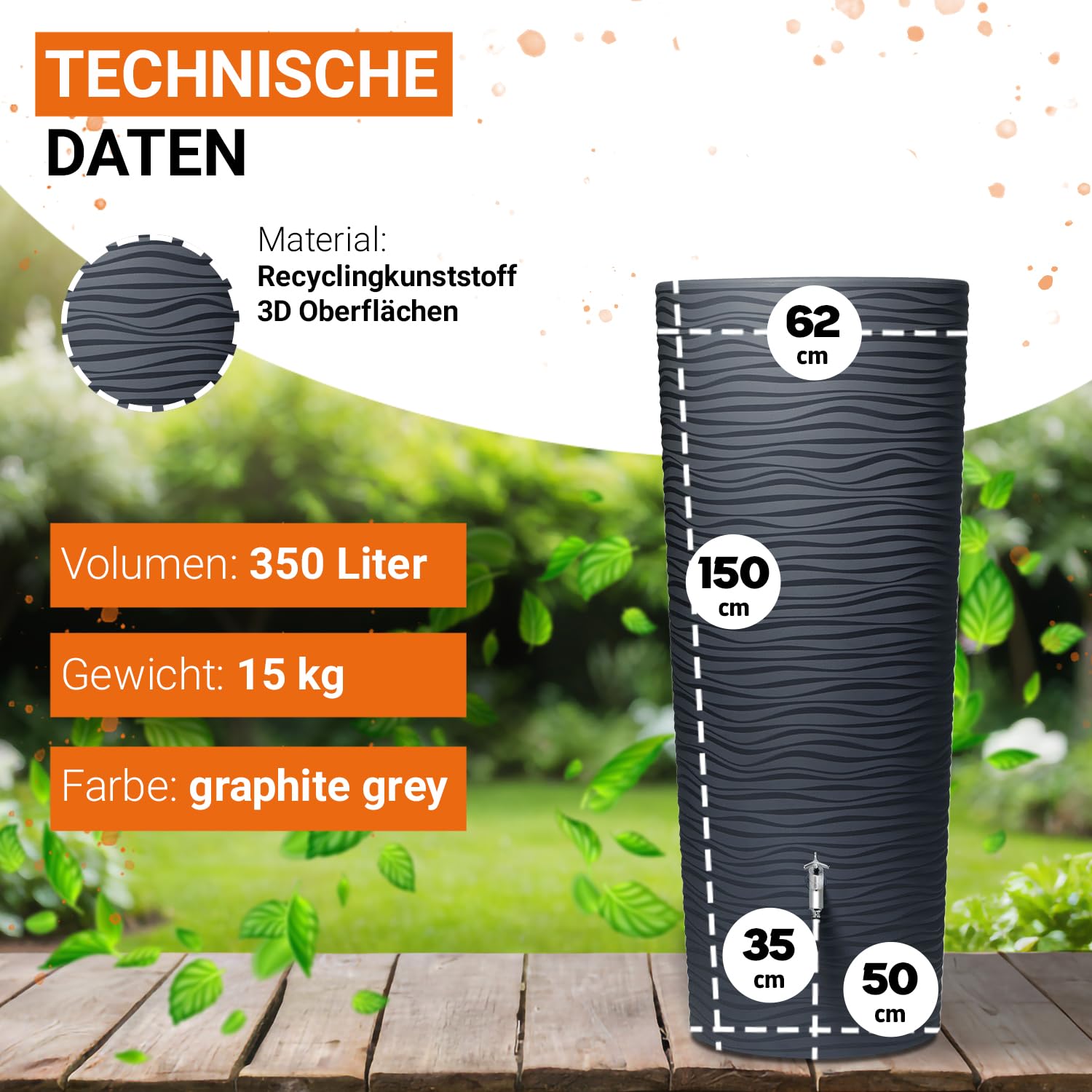 GARANTIA Natura 2in1 Regentonne 350 Liter Graphite Grey inkl. Pflanzschale | Wassertank, Regenfass, Regenwassertonne, Wasserbehälter, Regenwassertank, Wasserfass, Wassertonnen für Garten