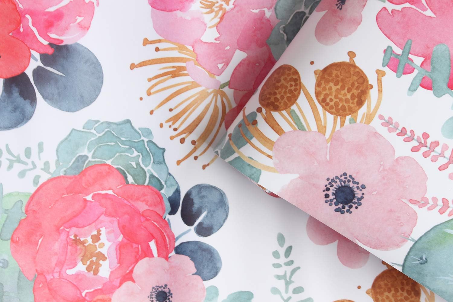 HAOKHOME Floral Wallpaper Peel and Stick Watercolor Cactus White/Pink/Green/Navy Blue Vinyl Self Adhesive Contact Paper Decorative 17.3in x 32.8ft