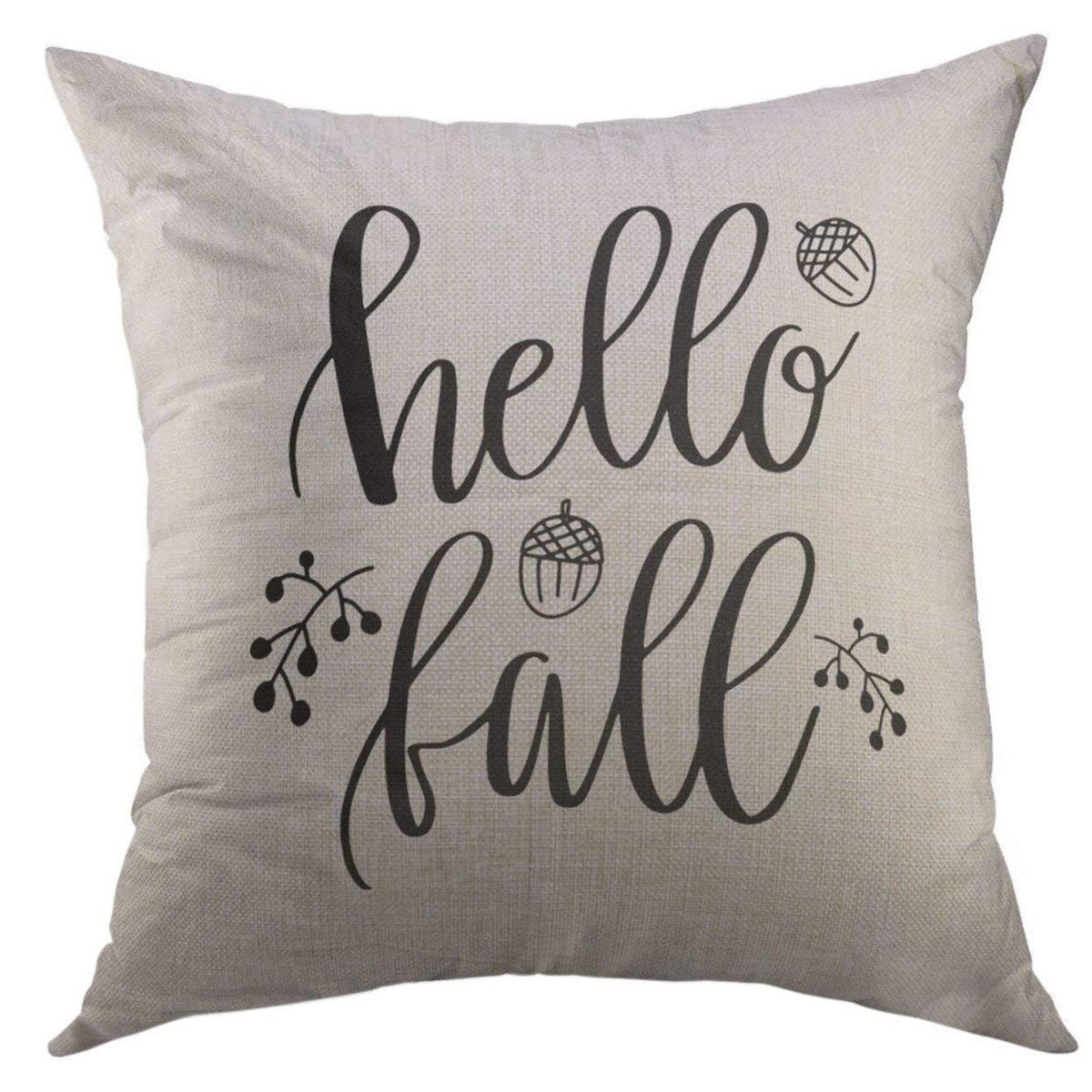 Mugod Throw Pillow Cover Hello Fall Lettering with Autumn Leaves Acorns Black White Home Decorative Square Pillow Case for Men Women Boys Girls Bedroom Cushion Cover 18x18 Inch