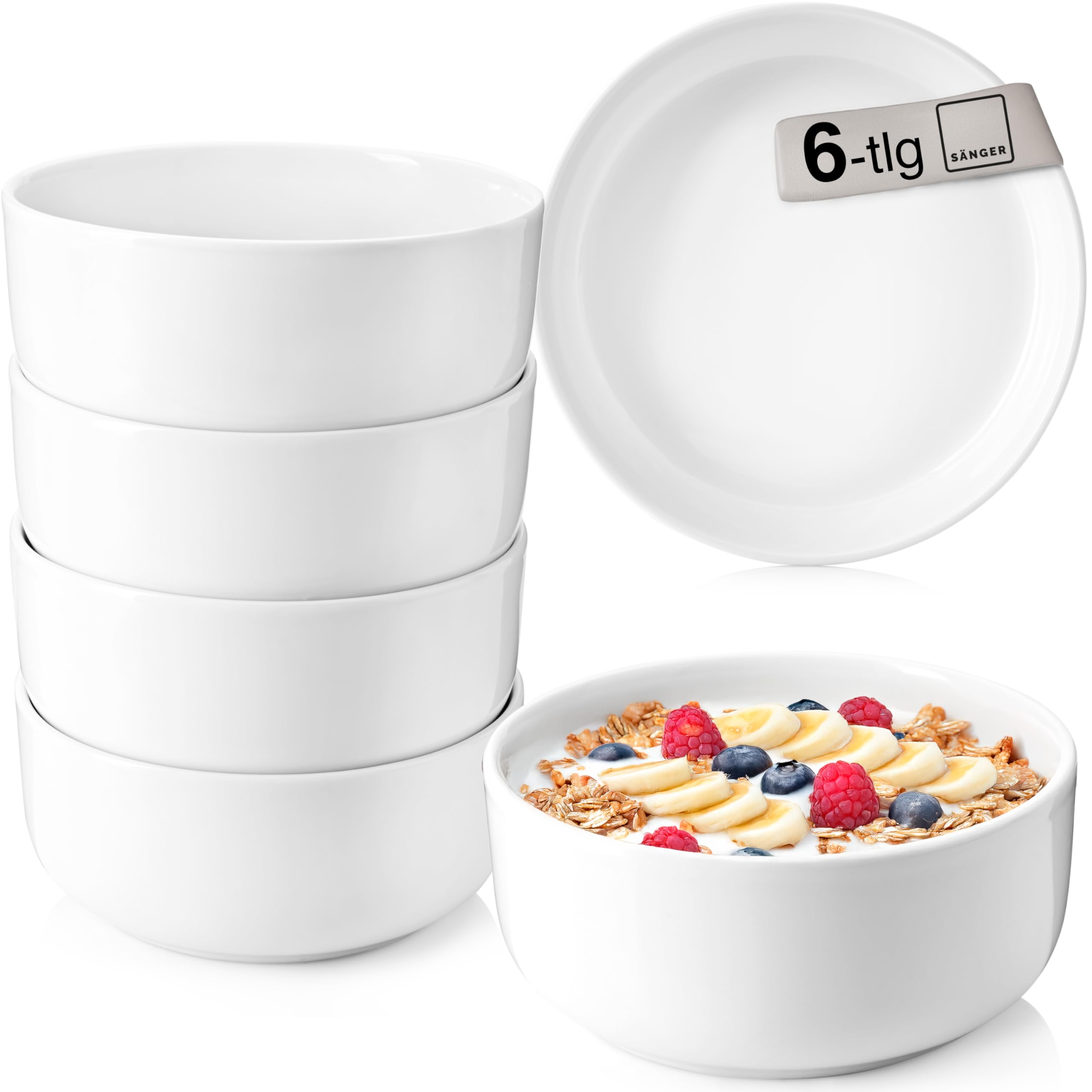 SÄNGER | Müslischalen Marlo 6 tlg, Müsli Schüssel Set 6 Personen, Porzellan Bowl Schüssel, Schale, Spülmaschinenfest, Müsli Schale Weiß mit moderner Form 500 ml | PREMIUM COLLECTION