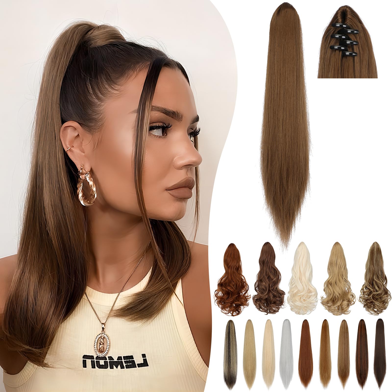Cephermer Ponytail Extension Claw 18" 20" Long Curly Wavy Straight Clip in Natural Looking Synthetic Hair Extension Ponytail Hairpiece for Women Light