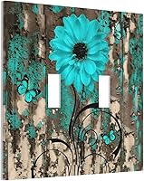Vista 2 de Turquesa Aqua Teal Flower Floral Girasol Daisy Dahlia 2 Gang interruptor de interruptor de luz Cubierta de pared Placa de pared Mariposa Mujer Niña