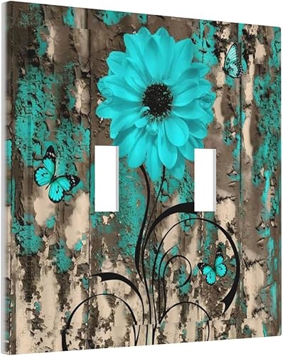 Miniatura 2 de Turquesa Aqua Teal Flower Floral Girasol Daisy Dahlia 2 Gang interruptor de interruptor de luz Cubierta de pared Placa de pared Mariposa Mujer Niña