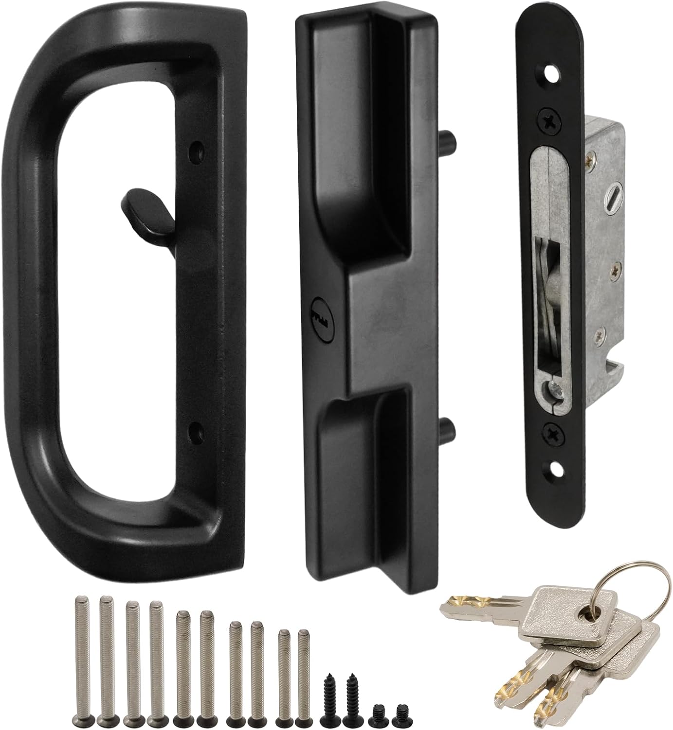 Patio Sliding Door Handle Set with Mortise Lock and Key Cylinder, Sliding Door Latch Lock Replacement for 3-15/16” Screw Hole Spacing, Door Thickness from 1 to 1.75 in