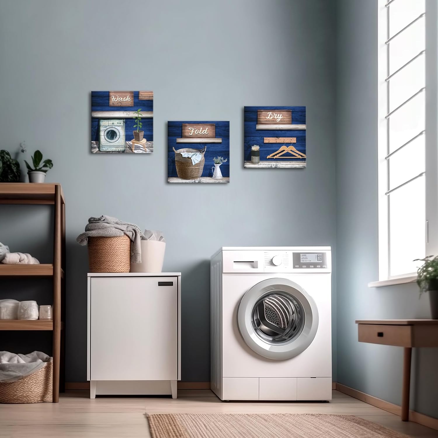 sechars Vintage Laundry Room Canvas Wall Art Wash Dry Fold Laundry Signs Painting Pictures Blue Wall Decor for Country Farmhouse Hotel