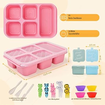 Pack of 4 Bento Snack Box with Compartments 5 Compartments Lunchable Snack Container Bento Lunch Box with Compartments for Children and Adults Meal Prep Lunch Container for School Work and Travel