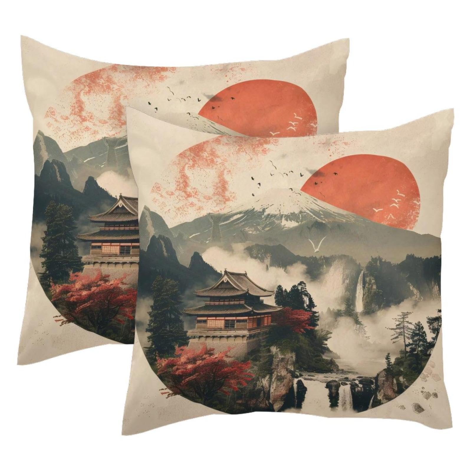 Housses de coussin temple mont Fuji velours doux 50x50 cm lot de 2 taies canapé