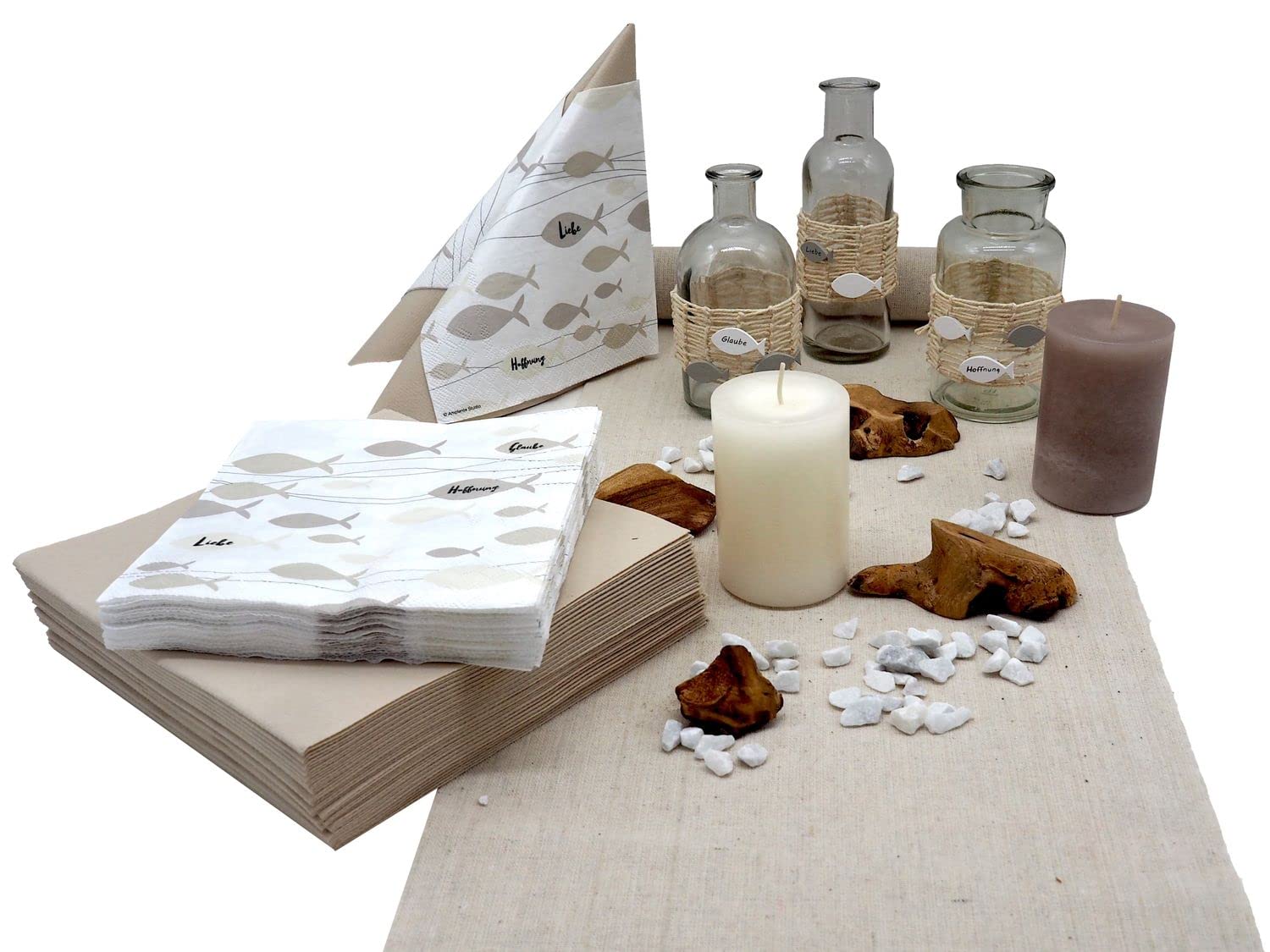 ZauberDeko Tischdeko Kommunion Konfirmation Fisch Glaube Beige Natur Vasen Streudeko Set 20 Personen