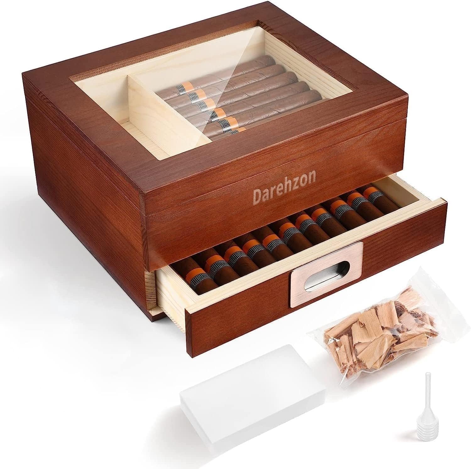 Glass Top Cedar Humidor with Front Hygrometer, Humidifier