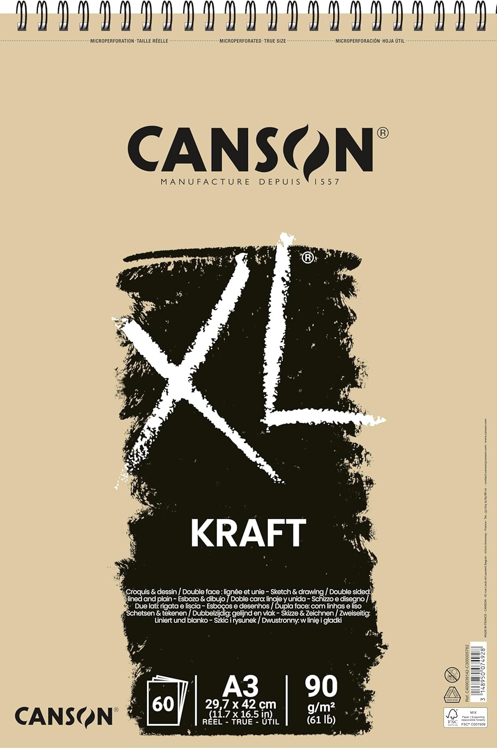 Canson 400039142 XL Kraft Ribbed Sketch Pad 90 g/m² 60 Sheets per Pad Spiral on The Short Side 297 x 432 mm Light Brown