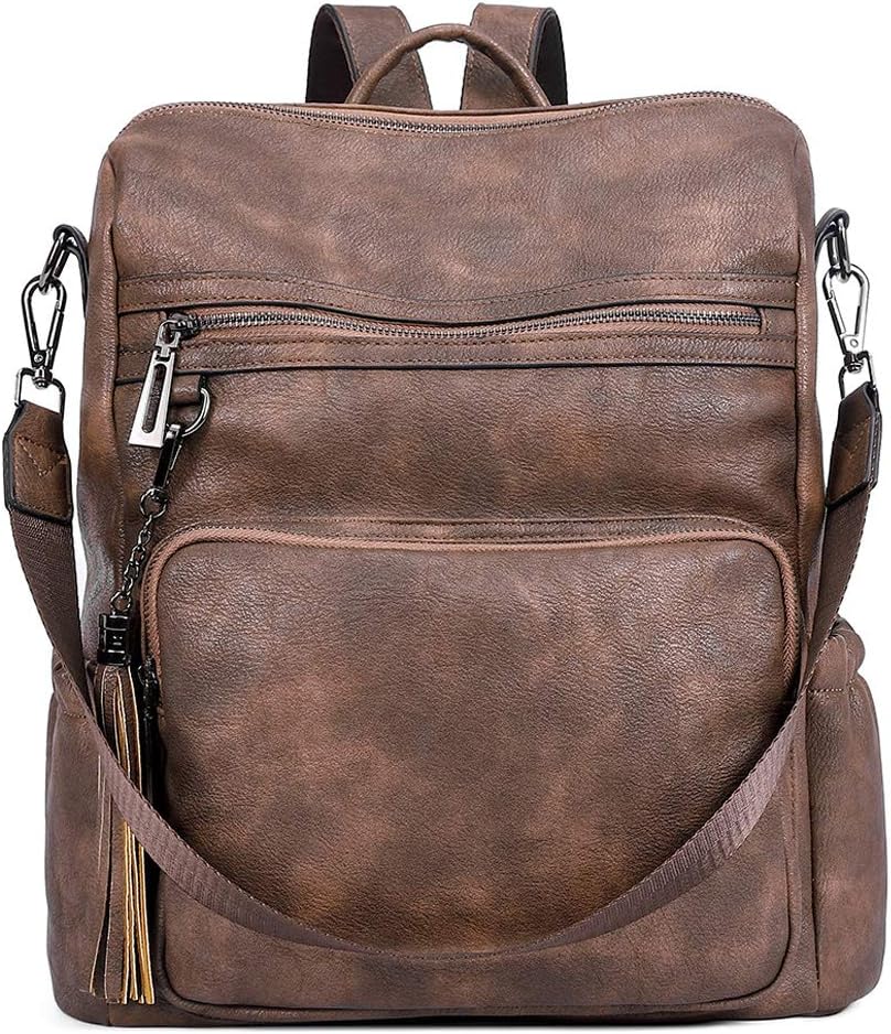 Backpack Purse for Women Large Leather Travel Backpack Work Fashion Ladies Casual Daypack with Tassel Two-Tone Coffee