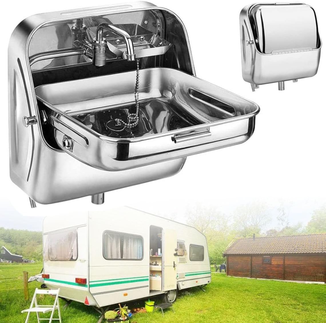 RV Wall-Mounted Sink,RV Sink Kitchen Folding Sink with Cold Water Faucet for Trailer, Stainless Steel Hand Wash Basin Sinks Wall-Mounted RV Camper Kitchen Sink,W,Silver