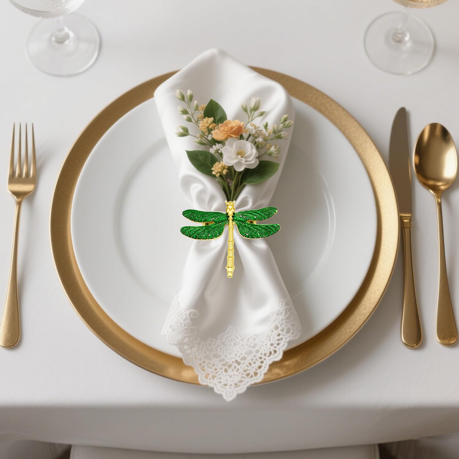 Davifina Green Dragonfly Napkin Rings Set of 6,Summer Napkin Rings for Garden Wedding Decor,Gold Rings for Napkins,Metal Bird Napkin Ring Holders,Fall Napkin Buckle,Rustic Farmhouse Dinner Table Decor